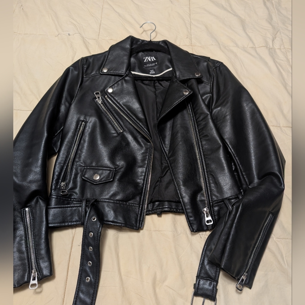 Zara Women's Sleek Faux Black Leather Biker Jacket